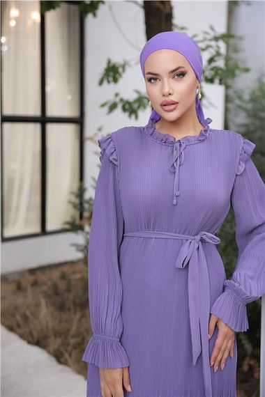 Plain Long Chiffon Dress with Neck and Waist Ties in Lilac - photo 4