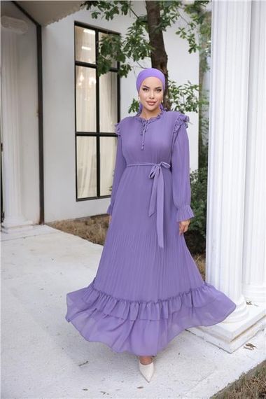 Plain Long Chiffon Dress with Neck and Waist Ties in Lilac - photo 1