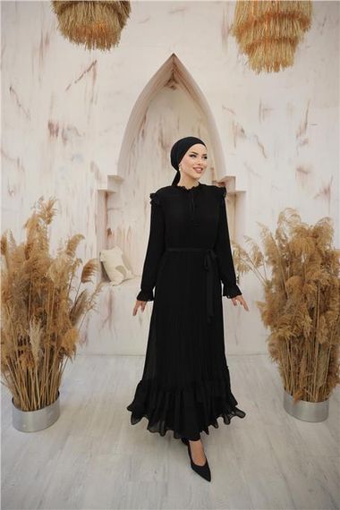 Boyun ve Belden Bağcıkllı Sade Uzun Şifon Elbise - 50015.003 - Siyah - fotoğraf 5