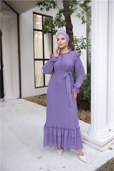 Plain Long Chiffon Dress with Neck and Waist Ties in Lilac - photo 5