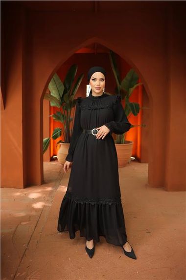 Off-Shoulder Belted Simple Long Chiffon Dress in Black - photo 1
