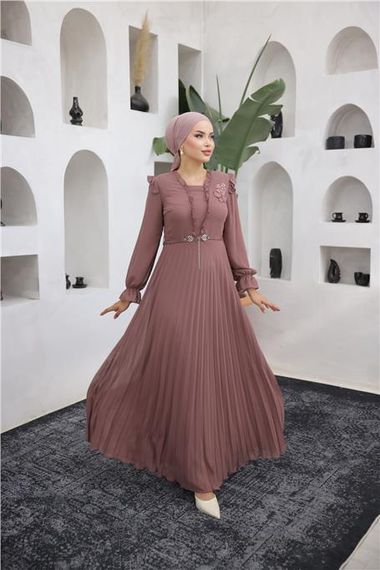 V Yaka Detaylı Kemerli Sade Uzun Şifon Elbise - 50016.048 - Soğan - fotoğraf 1