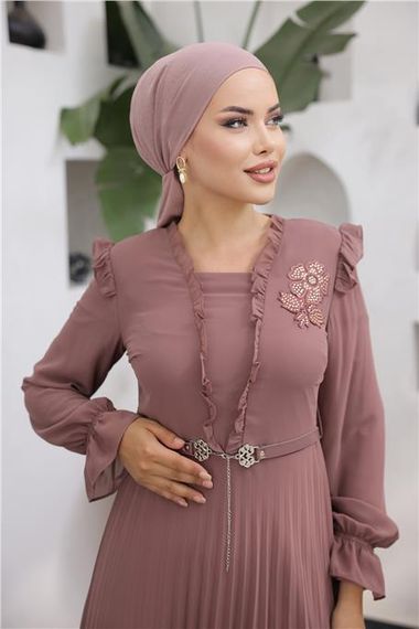 V Yaka Detaylı Kemerli Sade Uzun Şifon Elbise - 50016.048 - Soğan - fotoğraf 2