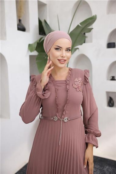 V Yaka Detaylı Kemerli Sade Uzun Şifon Elbise - 50016.048 - Soğan - fotoğraf 3