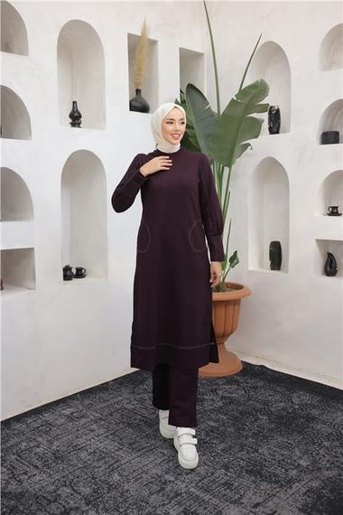 O Yaka Cepli Yırmaçlı Uzun Sade İkili Tesettür Eşofman Takımı - 71204.020 - Mürdüm - fotoğraf 1