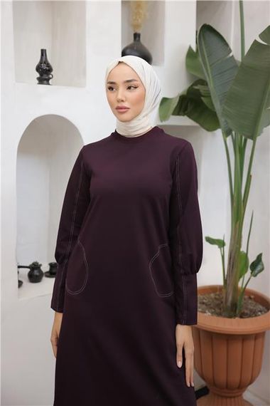 O Yaka Cepli Yırmaçlı Uzun Sade İkili Tesettür Eşofman Takımı - 71204.020 - Mürdüm - fotoğraf 5