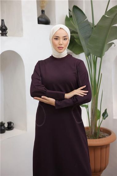 O Yaka Cepli Yırmaçlı Uzun Sade İkili Tesettür Eşofman Takımı - 71204.020 - Mürdüm - fotoğraf 4