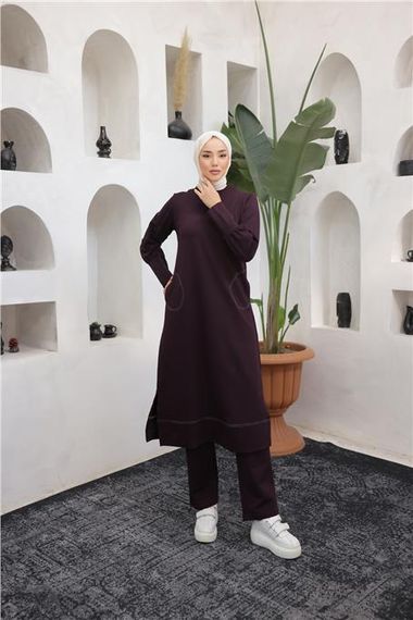 O Yaka Cepli Yırmaçlı Uzun Sade İkili Tesettür Eşofman Takımı - 71204.020 - Mürdüm - fotoğraf 3