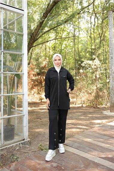 Спортивный комплект с застежкой и карманами, двуслойный, черный, размеры 38-46 - фото 1