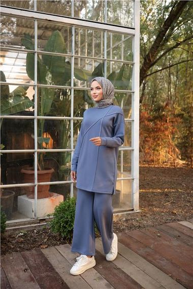 Çarpraz Taş Detaylı O Yaka Sweat-Pantolon İkili Eşofman Spor Takımı - 71215.006 - İndigo - photo 2