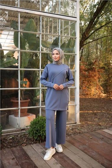 Çarpraz Taş Detaylı O Yaka Sweat-Pantolon İkili Eşofman Spor Takımı - 71215.006 - İndigo - photo 1