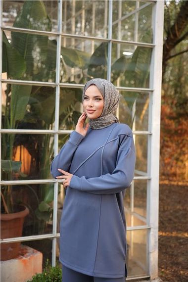 Çarpraz Taş Detaylı O Yaka Sweat-Pantolon İkili Eşofman Spor Takımı - 71215.006 - İndigo - photo 4