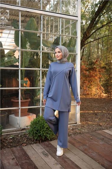 Çarpraz Taş Detaylı O Yaka Sweat-Pantolon İkili Eşofman Spor Takımı - 71215.006 - İndigo - photo 3