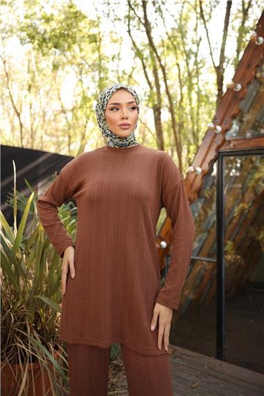 O Yaka Kısa Tunik Pantolon Sade İkili Tesettür Eşofman Takımı - 71219.028 - Kahverengi - photo 2