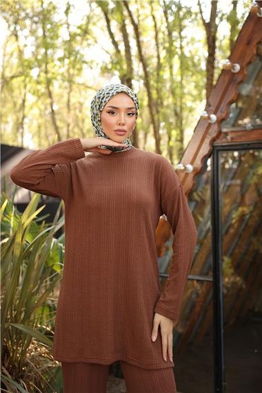 O Yaka Kısa Tunik Pantolon Sade İkili Tesettür Eşofman Takımı - 71219.028 - Kahverengi - photo 3