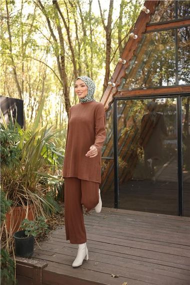 O Yaka Kısa Tunik Pantolon Sade İkili Tesettür Eşofman Takımı - 71219.028 - Kahverengi - photo 5