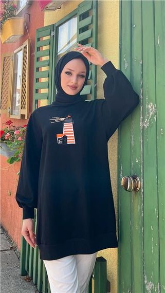 Tutku Nakış Fener Baskılı Sweatshirt - 71147 - Siyah - fotoğraf 1