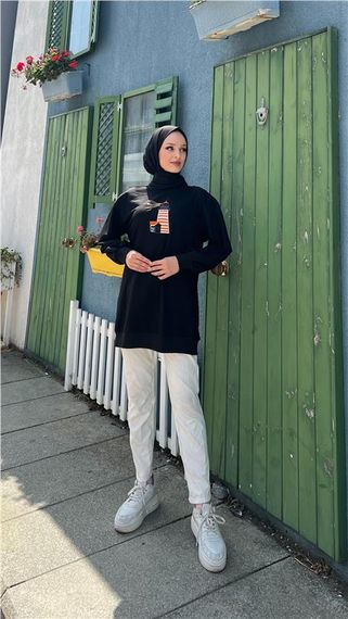 Tutku Nakış Fener Baskılı Sweatshirt - 71147 - Siyah - fotoğraf 4