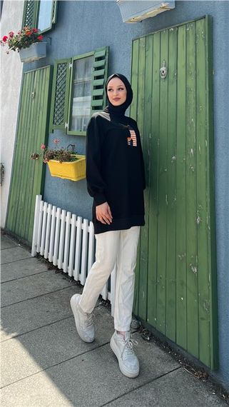 Tutku Nakış Fener Baskılı Sweatshirt - 71147 - Siyah - fotoğraf 3