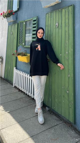 Tutku Nakış Fener Baskılı Sweatshirt - 71147 - Siyah - fotoğraf 2