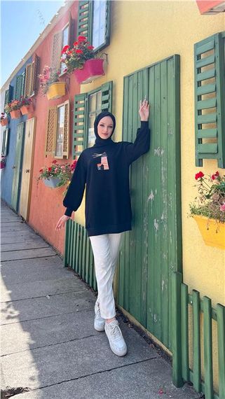 Tutku Nakış Fener Baskılı Sweatshirt - 71147 - Siyah - fotoğraf 5