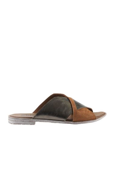 Жіночі шльопанці Bueno з шкіри, без каблука, термо-підошва, доступні в жовто-сірому, сірому з бордо, табаковому з хаки та фіолетовому з табаком - фото 2