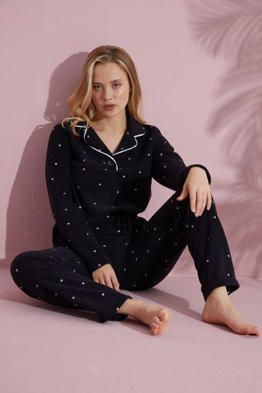 Luxury Soft Fitilli Polar Gömlek Yaka Kalp Desenli Pijama Takımı - fotoğraf 1