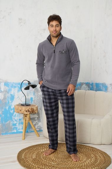 Роскошный мужской пижамный комплект из мягкого флиса в клетку с воротником-молнией - фото 2