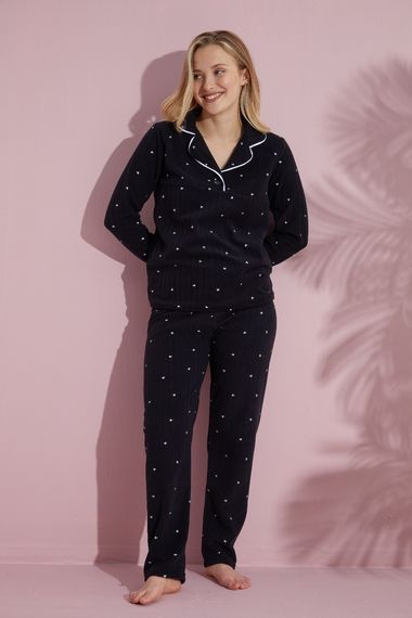 Luxury Soft Fitilli Polar Gömlek Yaka Kalp Desenli Pijama Takımı - fotoğraf 2