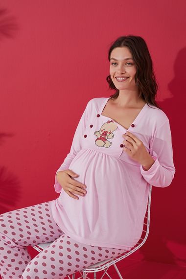Mother's Dream Düğmeli Emzirme Bölmeli Puantiyeli Hamile Lohusa Pijama Takımı - fotoğraf 5