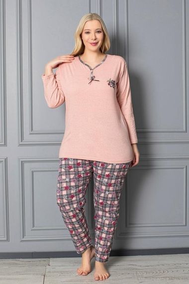 X-Dreamy Плюс размер Хлопковый пижамный комплект в клетку с длинными рукавами и цветочным принтом - фото 1