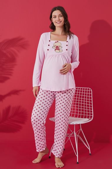 Mother's Dream Düğmeli Emzirme Bölmeli Puantiyeli Hamile Lohusa Pijama Takımı - fotoğraf 4