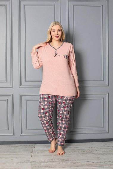 X-Dreamy Plus Size Cotton Long Sleeve Plaid Floral Pajama Set - photo 2