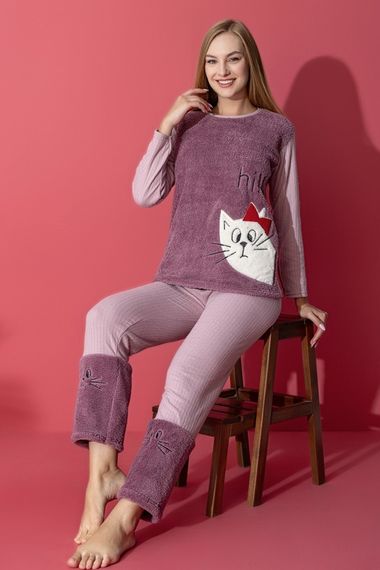 Luxury Soft Kedi Nakışlı Welsoft Pamuklu İnterlok Penye Pijama Takımı - fotoğraf 1