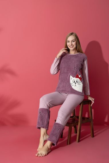 Luxury Soft Kedi Nakışlı Welsoft Pamuklu İnterlok Penye Pijama Takımı - fotoğraf 3