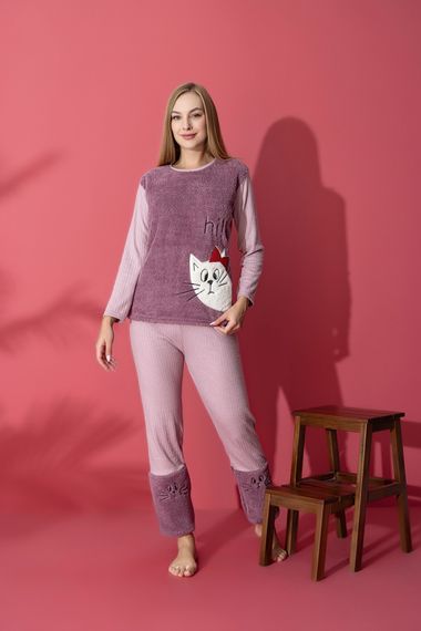 Роскошный мягкий пижамный комплект из чесаного хлопка Welsoft с вышивкой кота интерлок - фото 2