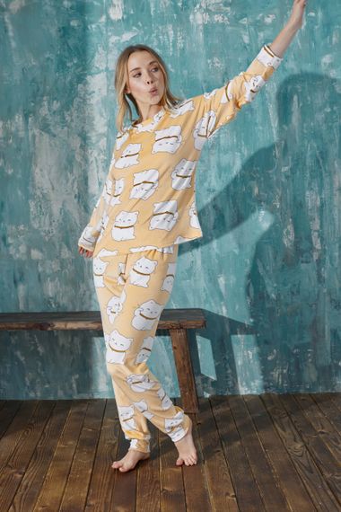 Luxury Velvet Fransız Kadife Desenli Paça Manşetli Pijama Takımı - fotoğraf 5