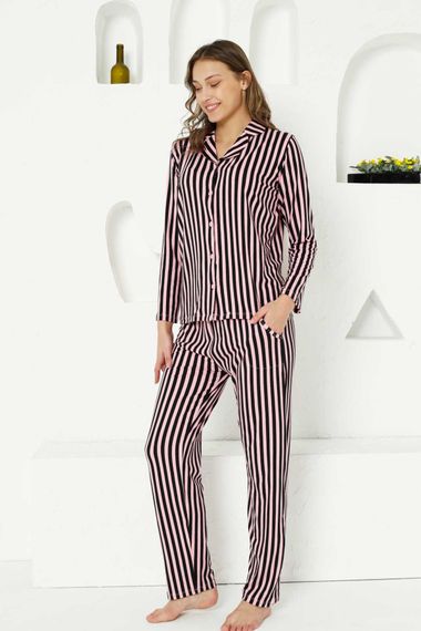 Dreamy Secret Full Likralı Pamuklu Çizgili Uzun Kollu Gömlek Pijama Takımı - fotoğraf 4