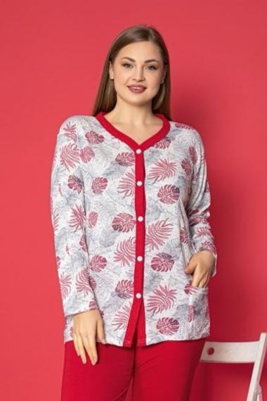 X-Dreamy Büyük Beden Pamuklu Cepli Çiçekli Önden Düğmeli Pijama Takımı - fotoğraf 2