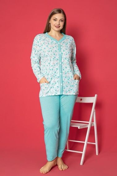 Бавовняний піжамний комплект X-Dreamy Plus Size із кишенями та квітковими ґудзиками - фото 4