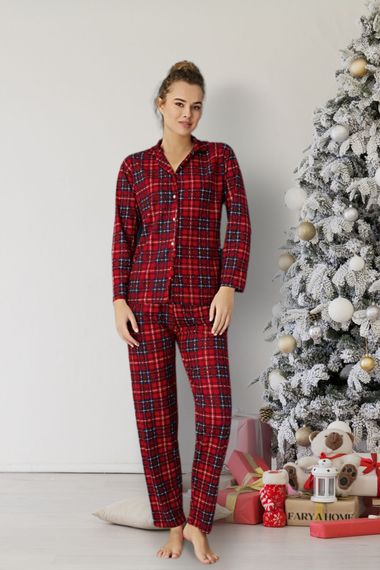 Dreamy Christmas Pamuklu Süet Yılbaşı Temalı Ekoseli Pijama Takımı - fotoğraf 1