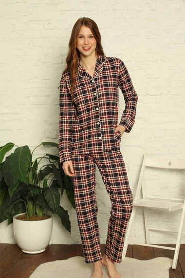 Dreamy Ekoseli Pamuklu Biyeli Uzun Kollu Gömlek Pijama Takımı - fotoğraf 2