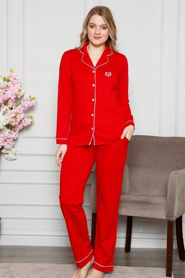 Dreamy Pamuklu Biyeli Gömlek Pijama Takımı Kırmızı - صورة 3