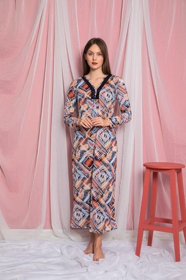 Dreamy Pamuklu V Yaka Uzun Kollu Desenli Uzun Gecelik