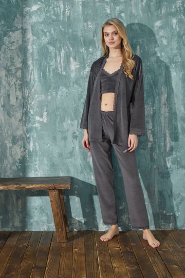 Luxury Velvet Fransız Kadife 3 Parça Sabahlıklı Büstiyer Takım - صورة 2