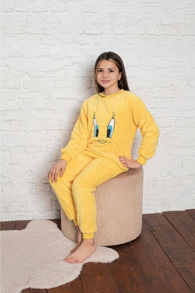 Civciv Desenli Anne Kız Çocuk Kombin Peluş Pijama Takımı (ANNE KIZ AYRI SATILIR.) - صورة 4