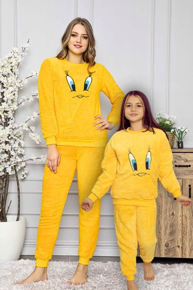 Civciv Desenli Anne Kız Çocuk Kombin Peluş Pijama Takımı (ANNE KIZ AYRI SATILIR.) - صورة 5