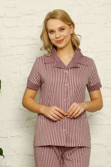 Dreamy Pamuklu Uzun Kollu Puantiyeli Düğmeli Yaka Pijama Takımı - صورة 2