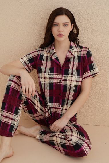 Dreamy Milan Bambu Kumaş Ekose Kareli Kısa Kollu Gömlek Pijama Takımı - صورة 1