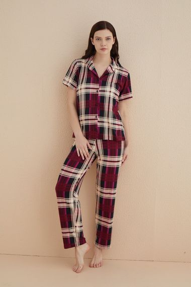 Dreamy Milan Bambu Kumaş Ekose Kareli Kısa Kollu Gömlek Pijama Takımı - صورة 2